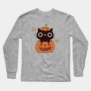Cute Black Cat In Carved Pumpkin Halloween Long Sleeve T-Shirt